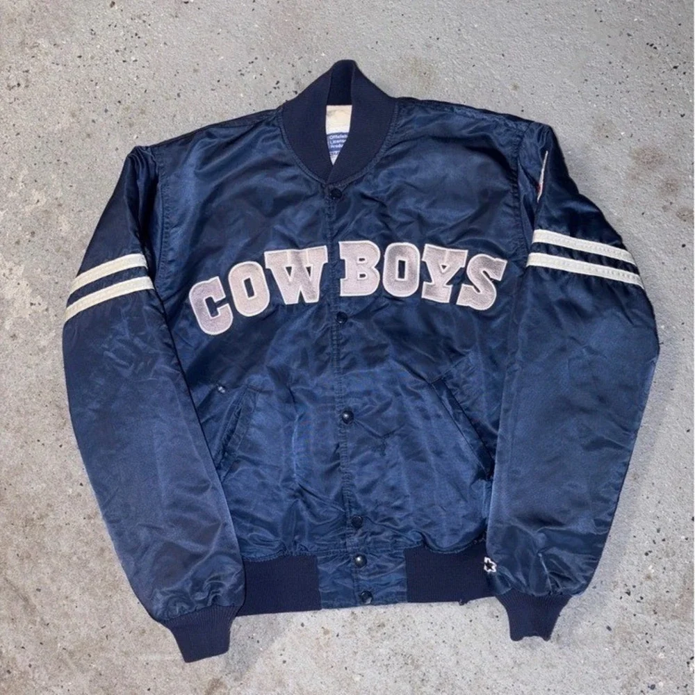 Vintage 90s Dallas Cowboys Starter Satin Varsity Jacket Navy Blue Mens Large